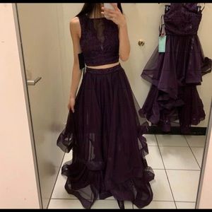 Plum colored sparkly lace prom dress